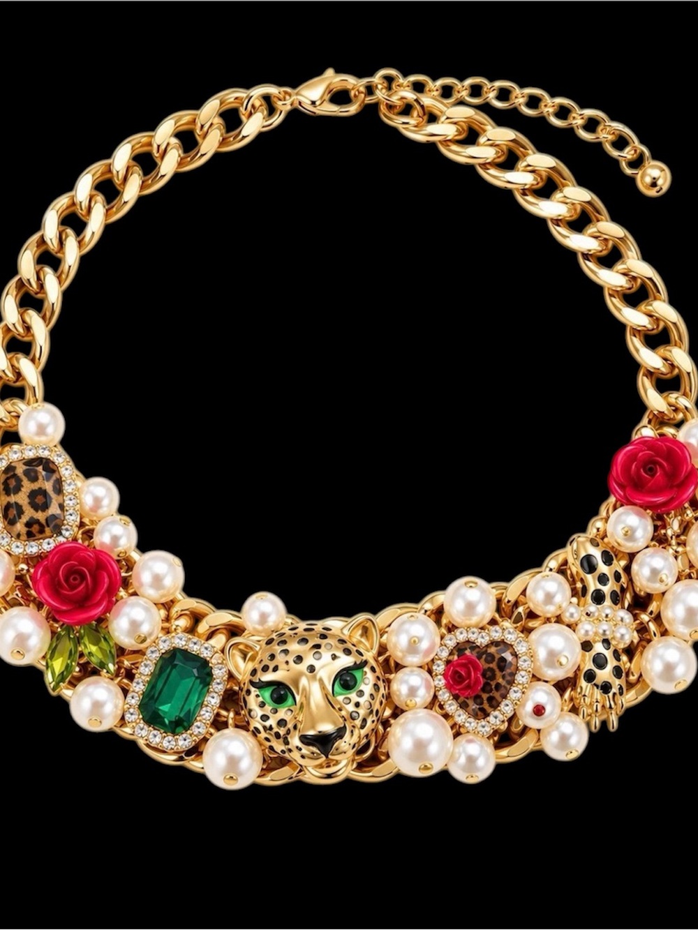 Gold Statement Necklace with Leopard Motif and Red Rose Accents